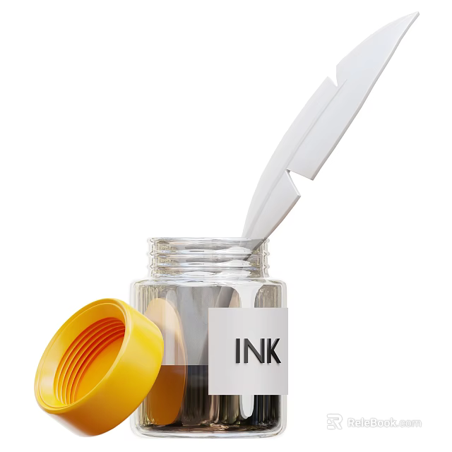 Transparent Glass Ink Bottle with Yellow Cap White Applicator and INK Label 3d model 