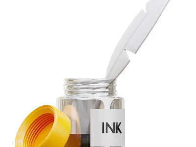 Transparent Glass Ink Bottle with Yellow Cap White Applicator and INK Label 3d model