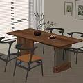 Modern Wooden Dining Table Set with Four Chairs Brown Seats and Decorative Vase