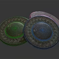 Ancient Three Circular Bronze Colored Artifacts With Intricate Carved Surface Patterns