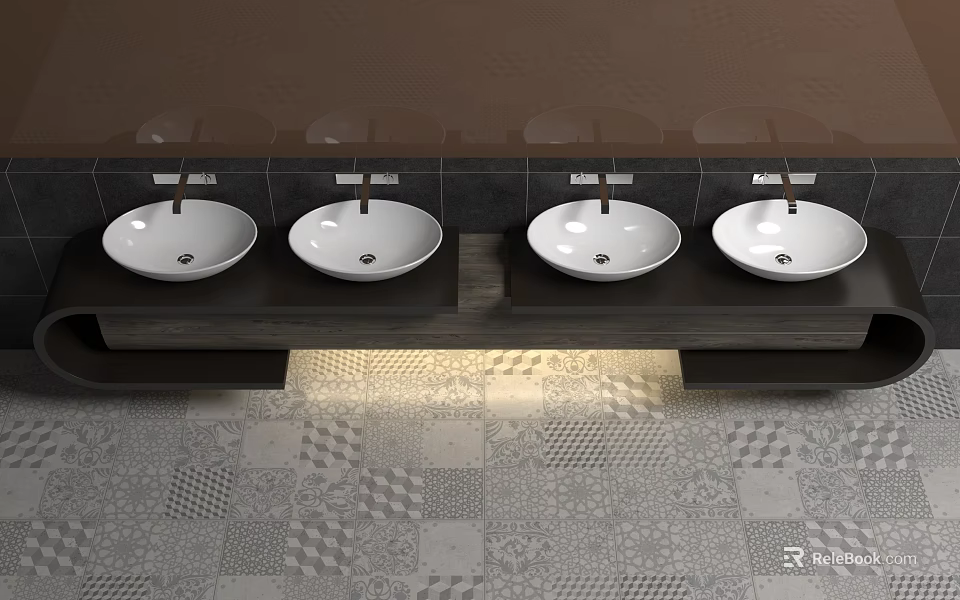 Stylish Bathroom Washbasin Design With Four White Bowls Dark Countertop And Patterned Floor Tiles 3d model 