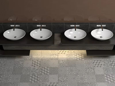 Stylish Bathroom Washbasin Design With Four White Bowls Dark Countertop And Patterned Floor Tiles 3d model