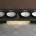 Stylish Bathroom Washbasin Design With Four White Bowls Dark Countertop And Patterned Floor Tiles