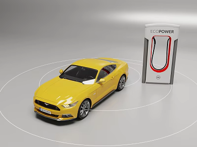 Yellow Sports Car Parked Near ECO POWER Charging Station with Circular Energy Field 3d model