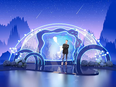 Stunning Stage With Arched Blue Lighting Starry Sky Mountain Background And Person 3d model
