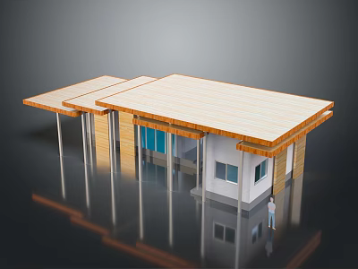 Cartoon Scene Modern Building With Wooden Roof Pillars White Walls Blue Windows And Small Figure 3d model
