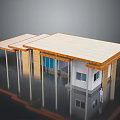 Cartoon Scene Modern Building With Wooden Roof Pillars White Walls Blue Windows And Small Figure