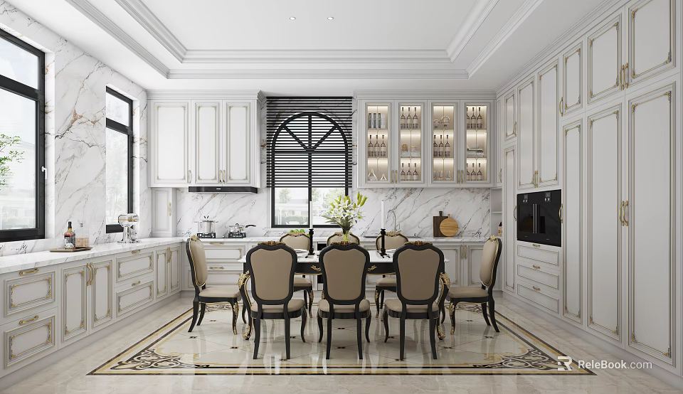 Elegant Kitchen Interior With White Cabinets Marble Countertops And Dining Table Chairs 3d model