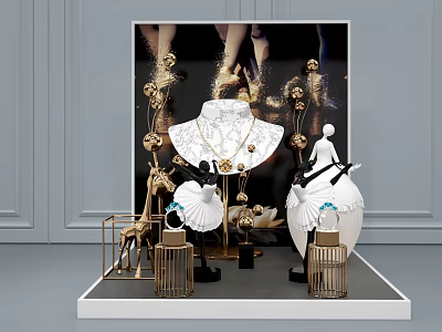 Elegant Display Scene With White Mannequins Golden Decorations And Cages 3d model