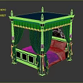 Dark Wooden Carved Four Poster Bed with Blue Canopy Drapes Gold Trim and White Pillows