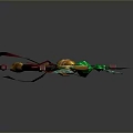 Fantasy Decorative Weapon With Green Gemstones Leaves Red Ribbons And Golden Decorations