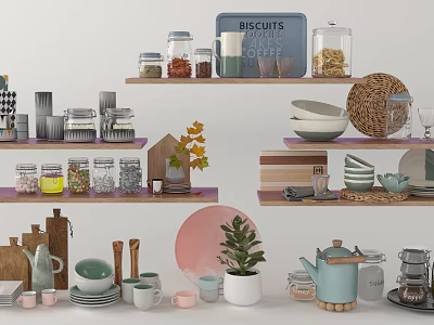 Stylish Kitchenware Arranged on Shelves with Jars Bowls Mugs Biscuit Tin Coffee Canister and Plants 3d model