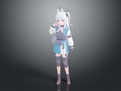 Cute Cartoon Child Wearing Blue White Outfit With White Long Hair And Cat Ears 3d model