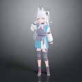 Cute Cartoon Child Wearing Blue White Outfit With White Long Hair And Cat Ears
