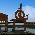 Rustic Garden Ornaments With Wooden Waterwheel Cabin Lotus Flowers And Green Plants By Water Area