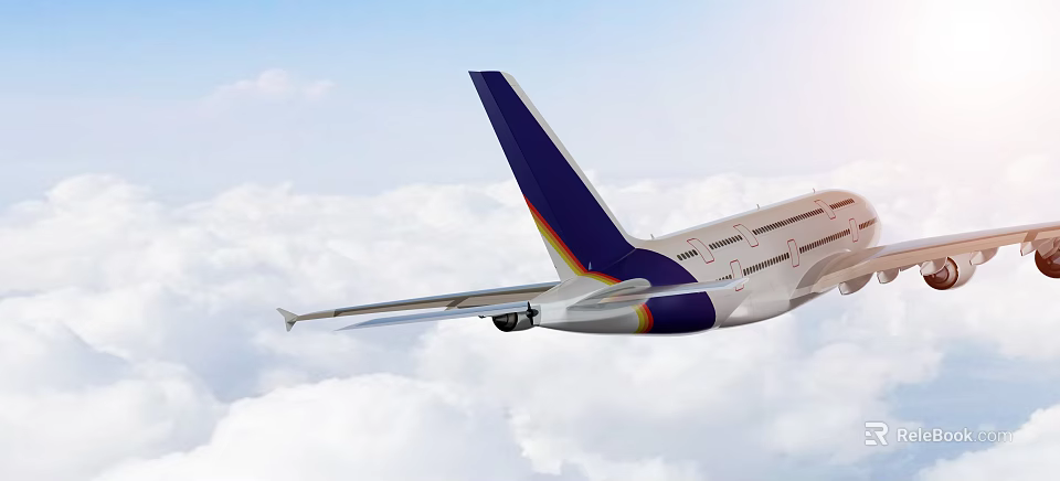 Airliner Flying Above White Clouds in Blue Sky with Blue White Tail and Colorful Stripes 3d model 