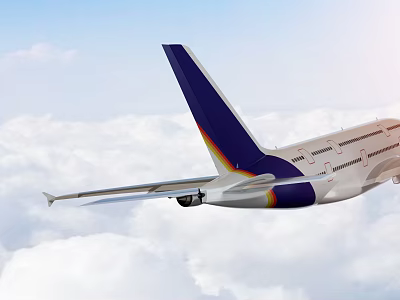 Airliner Flying Above White Clouds in Blue Sky with Blue White Tail and Colorful Stripes 3d model