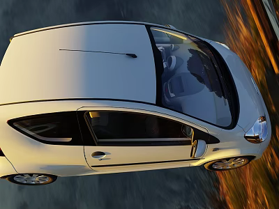 White Car with Aerial View Showing Roof Windows and Interior in Natural Surroundings with Trees 3d model
