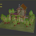 Traditional Wooden House with Orange Roof Surrounded by Green Trees and Small Yard
