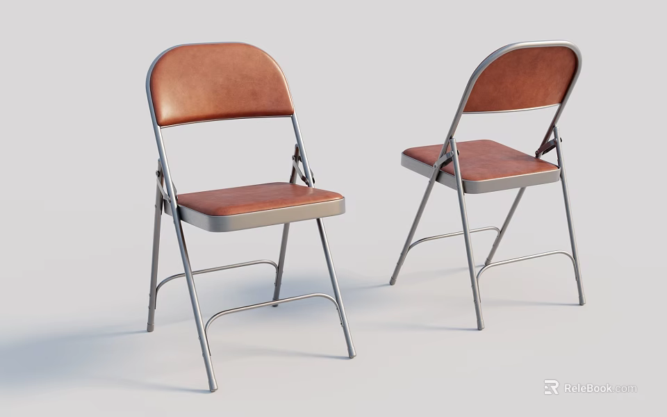 Modern Foldable Dining Chairs With Brown Leather Seat And Metal Frame 3d model 