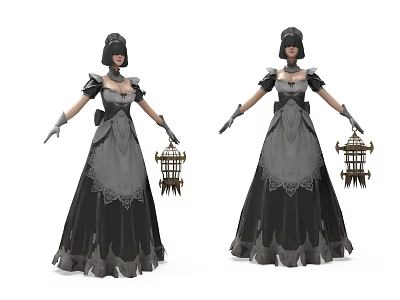 Game and Movie Female Character in Black Gray Long Dress Wearing Hat Holding Birdcage 3d model