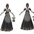 Game and Movie Female Character in Black Gray Long Dress Wearing Hat Holding Birdcage