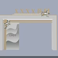 Event Entrance with White Gold Design Golden Text Floral Decoration Left Central LOGO Wavy Accents