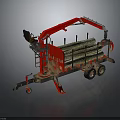 Red Timber Truck with Extended Crane Arm Loaded with Stacked Wood Logs for Forestry Transport