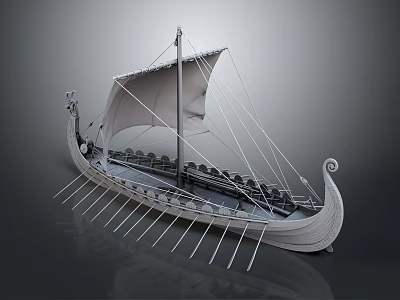 Viking Wooden Ship With White Sail Multiple Oars And Decorative Bow Design 3d model