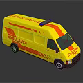 Yellow Ambulance Vehicle With Red Stripes And Blue Emergency Lights