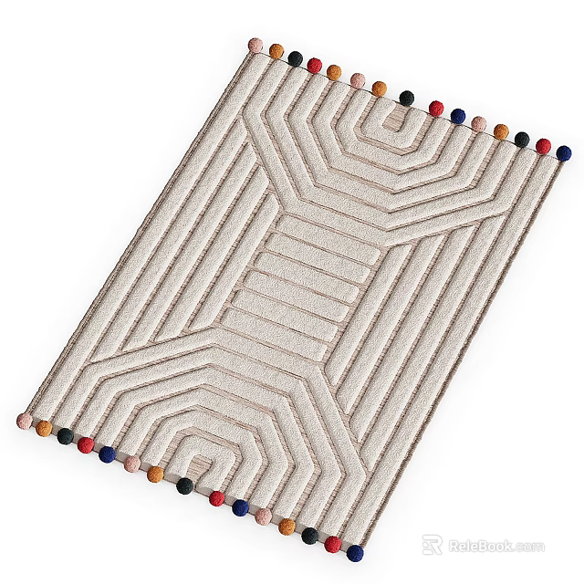 Beige Square Rug Featuring Geometric Stripes And Colorful Border Pom Poms 3d model