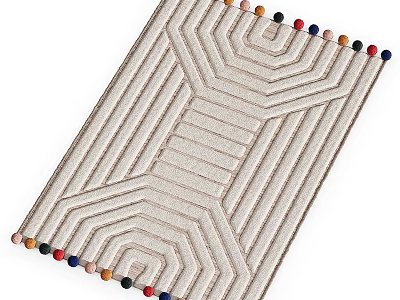 Beige Square Rug Featuring Geometric Stripes And Colorful Border Pom Poms 3d model