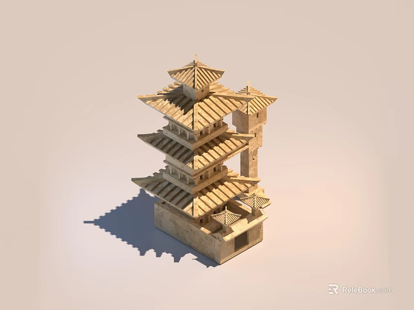 Traditional Wooden Multi Layered Tower Model With Curved Eaves And Roof Structures 3d model 