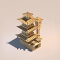 Traditional Wooden Multi Layered Tower Model With Curved Eaves And Roof Structures