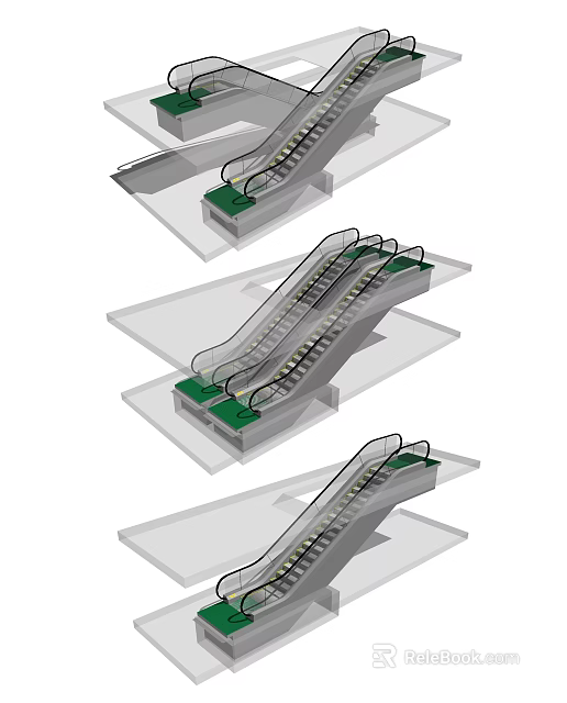 Modern Escalator Design with Green Steps and Transparent Side Panels 3d model 