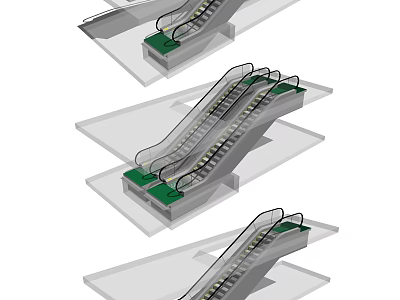 Modern Escalator Design with Green Steps and Transparent Side Panels 3d model