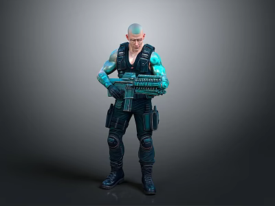 Sci Fi Character With Bald Head Blue Arms And Large Gun In Combat Gear 3d model
