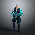 Sci Fi Character With Bald Head Blue Arms And Large Gun In Combat Gear