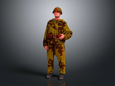 Man in Military Camouflage Uniform Wearing Helmet Standing Against Gray Background 3d model