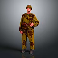 Man in Military Camouflage Uniform Wearing Helmet Standing Against Gray Background