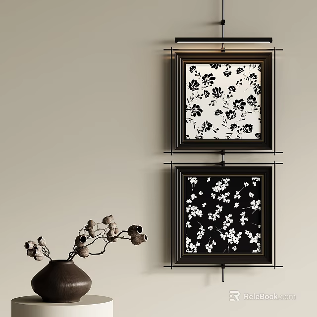 Abstract Paintings With Black Frames Hanging on Wall Featuring Black and White Floral Patterns 3d model