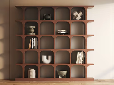 Brown Wooden Arched Shelving Unit With Books Vases And Decorative Items In Modern Room 3d model