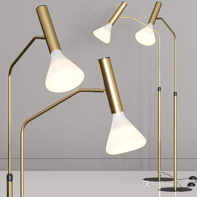 Modern Gold Metal Floor Lamp with Curved Stand and White Cone Shade for Home Decor 3d model 