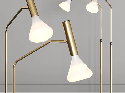Modern Gold Metal Floor Lamp with Curved Stand and White Cone Shade for Home Decor 3d model