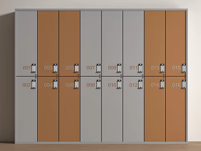 Stylish Wardrobe Design With Multiple Gray And Brown Numbered Doors For Organized Storage 3d model