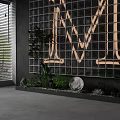 Glass Block Grid Wall With Neon Letter M G Green Plants And White Decorative Sphere