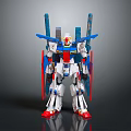 White Main Body Mecha Robot With Blue Thrusters Red Legs And Yellow Accents