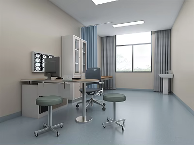 Medical Examination Room Interior With Computer Desk Stools Cabinet And Window Curtains 3d model