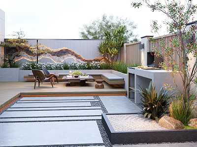 Serene Modern Courtyard Garden Design With Wooden Deck Stone Path Outdoor Seating And Lush Greenery 3d model