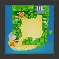 3D Pixel Style Castle Building With Green Trees Water Sand Beach And Characters